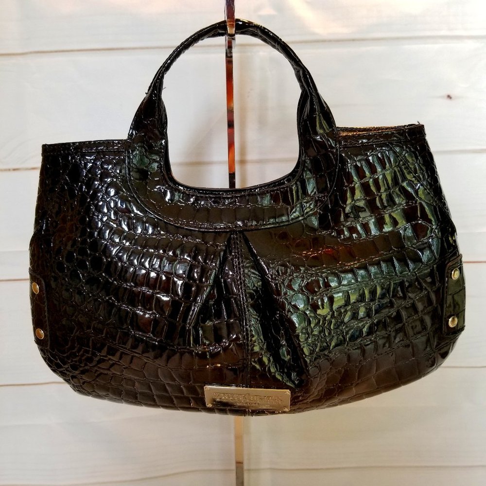 White House/Black Market Black Patent Leather Satchel with Pink Lining